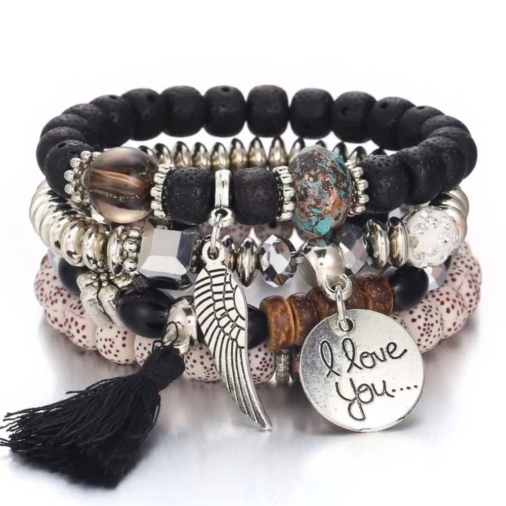 Beaded Bracelet Set Tassel Charms 4 Stretch Bracelet Set Black - Picture 1 of 11